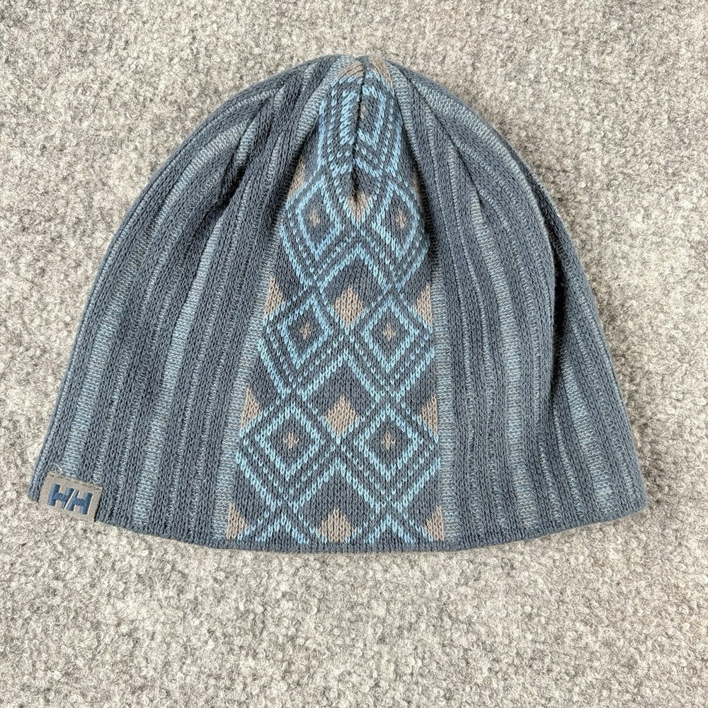 Helly Hansen Beanie Hat Blue Gray Knit Geometric Ski Outdoor Unisex Hiking‎ Snow